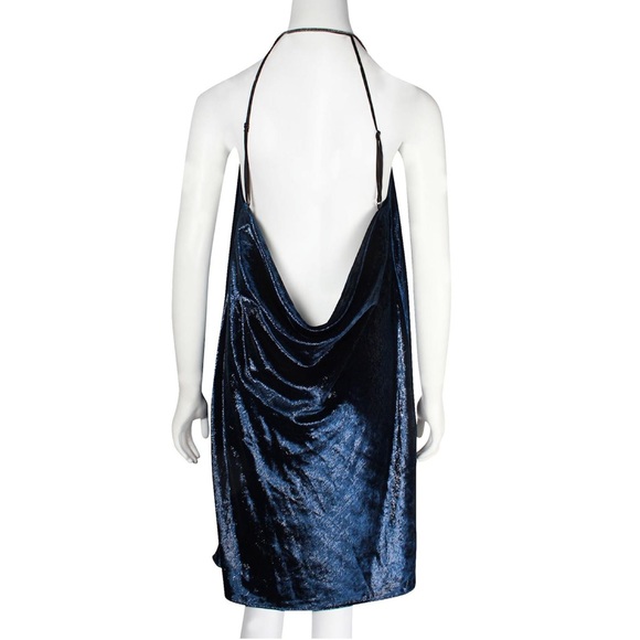 Halston Heritage Blue Velvet Metallic Shimmer Cowl Neck Strappy Back Dress 4 - Picture 9 of 16
